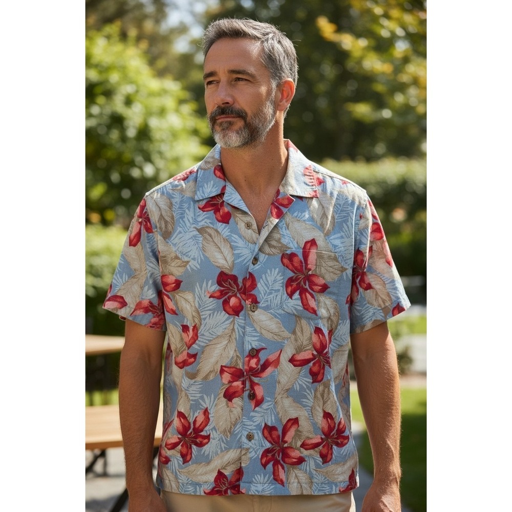 Caribbean Pure Silk Men's Red Hawaiian Tropical Short Sleeve Wood Button Up SZ L